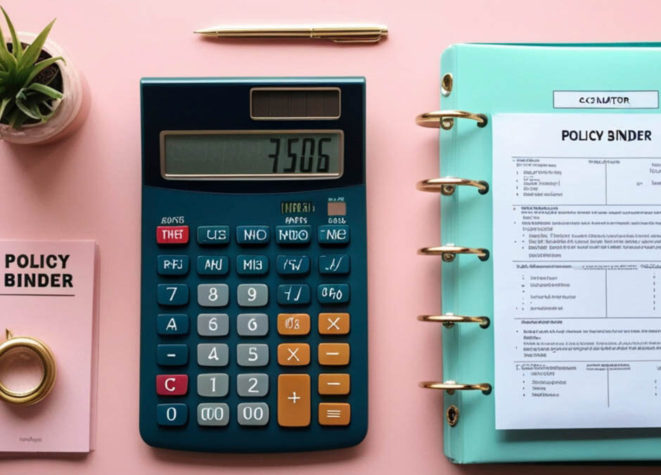 A teal calculator displays "7506", next to a small pink policy binder, a gold pen, and a turquoise binder with documents on a pink surface - elevareinsuranceagency.com