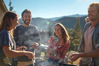 Four friends enjoy a sunny outdoor barbecue, laughing and chatting - .elevareinsuranceagency.com